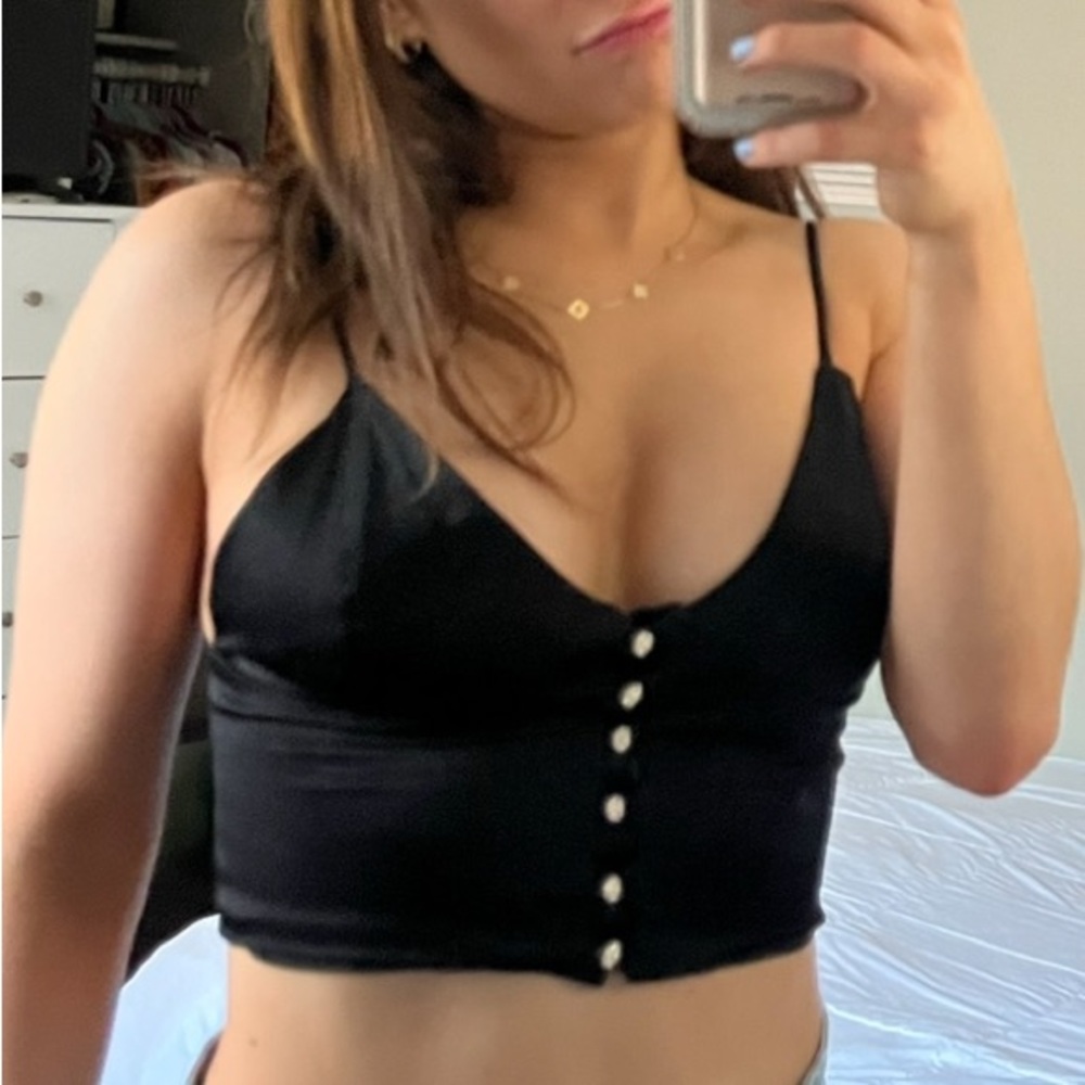 Black Button-Up Satin Cropped Cami